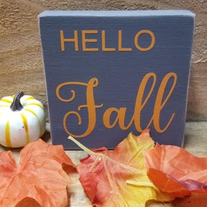 hello fall wooden sign gray and yellow lettering