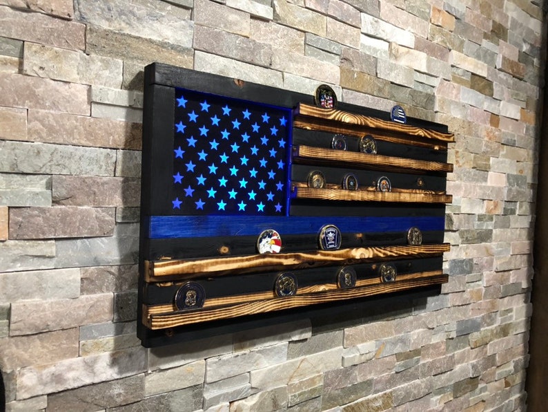 THIN BLUE LINE Extra Large Rustic American Flag Challenge Coin Display