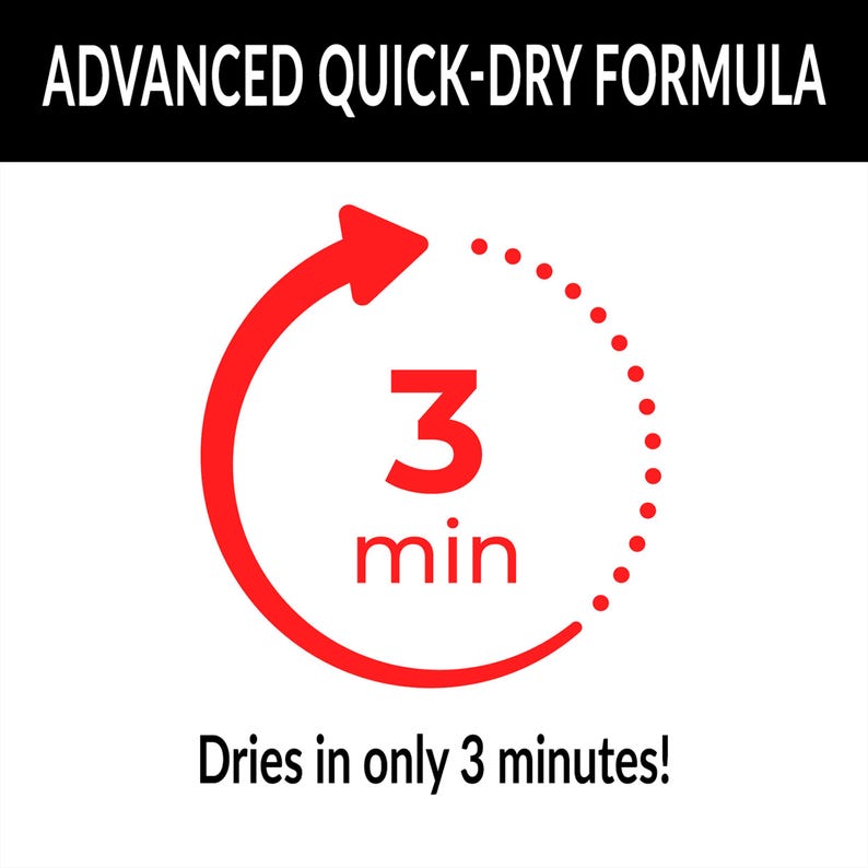 May include: Red circle with a white arrow pointing clockwise around the circle. The circle has a dotted line around the outside. Inside the circle is the number 3 in red with the word "min" below it. The text "Dries in only 3 minutes!" is below the circle.