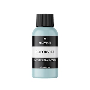 May include: A small, light blue bottle of leather repair color. The bottle has a black cap and a black label with the text "M Malviani Colorvita Leather Repair Color 1 fl oz (29 ml)".