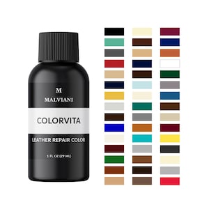 May include: A black bottle of leather repair color labeled "Colorvita" by "M Malviani". The bottle contains 1 fl oz (29 ml) of liquid. A color chart with 36 different colors is shown to the right of the bottle.