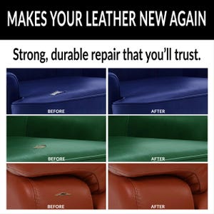 May include: Before and after images showing leather repair. The images show three different colored leather chairs with tears in the leather. The tears are repaired in the after images.