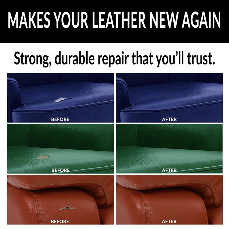 May include: Before and after images showing leather repair. The images show three different colored leather chairs with tears in the leather. The tears are repaired in the after images.
