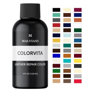 May include: A black bottle of leather repair colour labelled "Colorvita" by "M Malviani". The bottle contains 4 fl oz (118 ml) of colour. A colour chart with 36 different colours is shown to the right of the bottle.