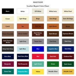 May include: Leather repair color chart with 50 color swatches in a grid. The colors include black, white, off white, white ivory, white pearl, cream, light beige, beige, dark beige, dark silk beige, camel, tan, dark tan, light brown, brown, brown chocolate, brown umber, dark sienna brown, dark brown, espresso brown, dark espresso brown, light gray, taupe gray, cool gray, dark gray, deep dark gray, light blue, blue, sapphire blue, dark blue, navy blue, dark navy blue, red, dark red, oxblood red, burgundy, red burgundy, light green, green, dark green, green teal, turquoise blue, yellow, metallic silver, and metallic gold.