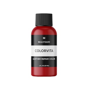 May include: A red bottle of leather repair color with a black cap and label. The label reads "M Malviani Colorvita Leather Repair Color 1 fl oz (29 ml)".
