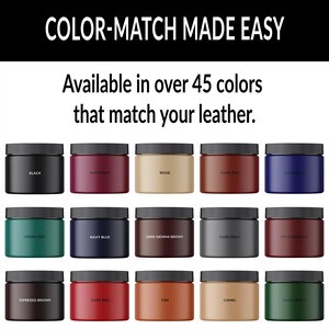 May include: A collection of 15 small jars of leather dye in various colors, including black, burgundy, beige, dark tan, navy blue, dark sienna brown, dark gray, espresso brown, dark red, tan, camel, and dark green. The jars are arranged in three rows of five jars each. The text "COLOR-MATCH MADE EASY" is at the top of the image. The text "Available in over 45 colors that match your leather." is below the jars.