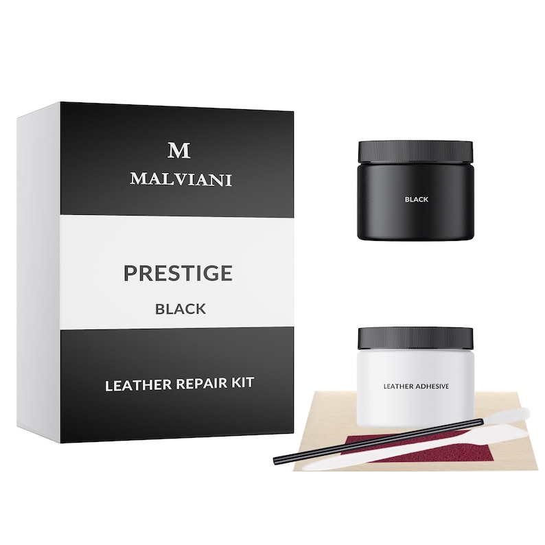 May include: Leather repair kit in a black box with the brand name Malviani and the words "Prestige Black" and "Leather Repair Kit". The kit includes a black jar of leather dye labeled "Black" and a white jar of leather adhesive labeled "Leather Adhesive".