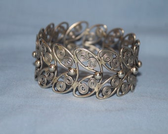 1960/'s Articulated Silver Chain Bracelet Vintage Ornate Silver Cuff Style Bracelet Handmade Sixties Silver Chain Mail Floral Bracelet