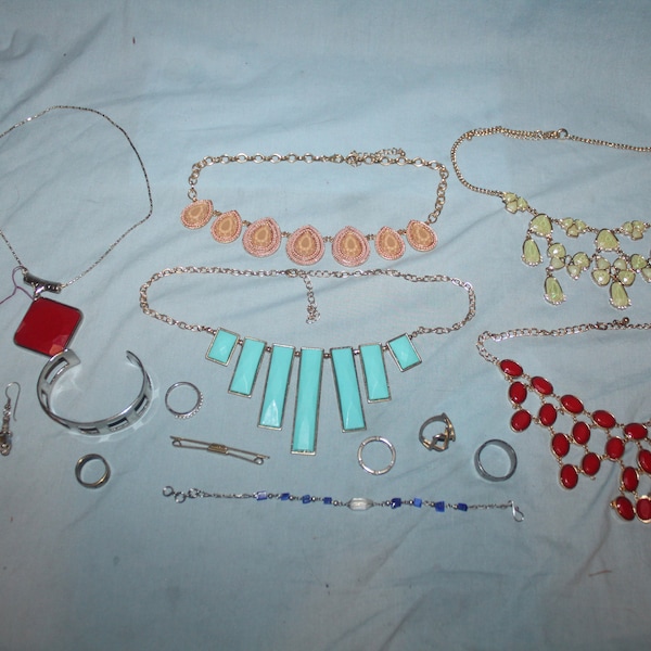 Vintage 1960's-1990's 12 Pieces Estate Costume Jewelry Charm Bracelet Dress Clips Hair Clips Necklaces Watch Chain Dolphin Ring Circle Pin +