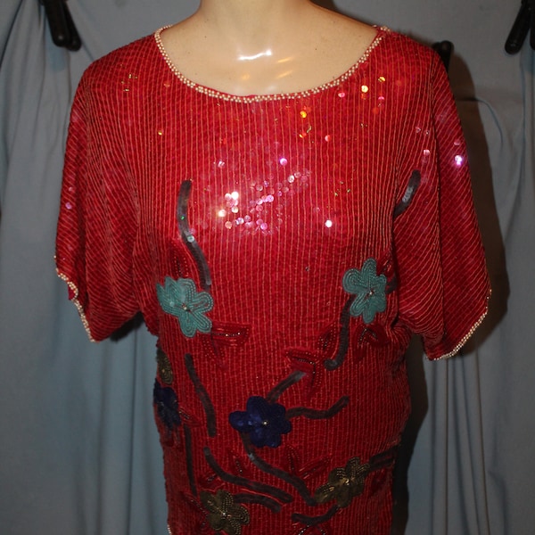 Vintage 1980's Bright Red Floral Silk Sequin & Beaded Shimmer Blouse Made In India