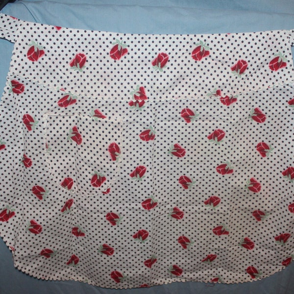 Vintage 1950's Housewife Polka Dot & Roses Ric Rack Trimmed Half Apron