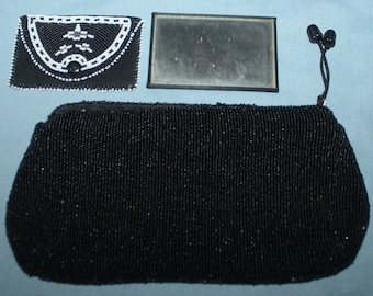 Vintage Black Beaded Clutch Purse Evening Hand Bag w/ Mirror  & beaded change purse1950's Retro