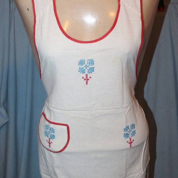 Vintage 1950's Hand Embroidered Flour Sack Bib Apron Flowers, Scotty Dogs, Red Trim