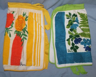 Pair Vintage 1970's VERA Terry Cloth Half Aprons Yellow Orange Floral & Green Ferns