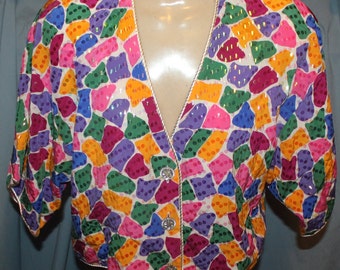 Soo Yung Lee Vtg 100% Silk Brightly Colored Mosaic Pattern Short Sequined Jacket