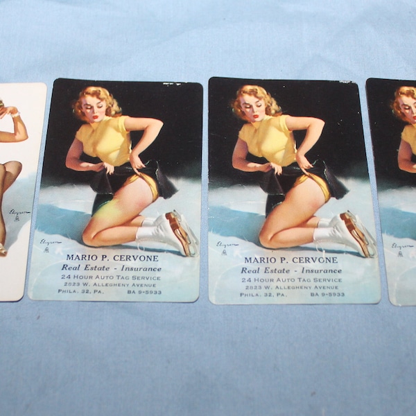 4 Piece Lot Vintage 1950s Gil Elvgren Pin Up Advertising Business Cards