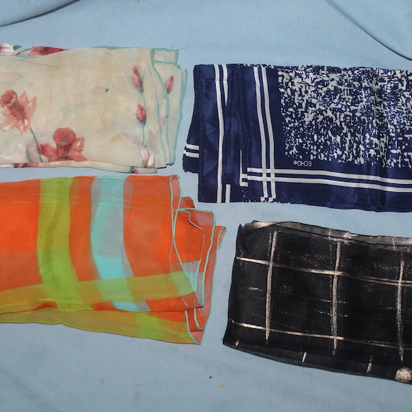 Vintage grouping of 4 Pretty 100% silk scarves made in the 1960-80s