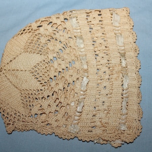 Antique Hand Crocheted Baby Bonnet Silk Cotton Thread Scalloped Edge Ribbon Trim