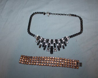 Vintage Black & Silver Bib Statement Necklace /Brass Bracelet Sparkly Rhinestone Jewelry