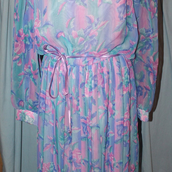 Lisa Michaels 80s Vintage Womens Sz 14 Pink & Blue Floral Chiffon Blouson Dress