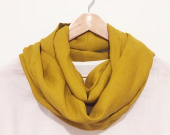 Japanese Linen Infinity Scarf/linen loop scarf/linen snood/mustard linen scarf/yellow scarf/lightweight linen scarf/summer scarf