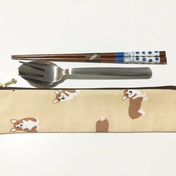 Corgi cutlery bag/cutlery case/zippered cutlery bag/reusable straw bag/toothbrush case/corgi print bag/waterproof bag/wet bag/wet dry bag