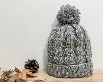 Gorro de lana tejido a mano con pompón/gorro de invierno/gorro para mujer/gorro de cable/gorro con nervaduras/gorro amarillo/gorro color chocolate/gorro grueso