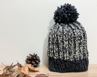 Gorro de lana tejido a mano con pompón/gorro de invierno/gorro para mujer/gorro de cable/gorro con nervaduras/gorro amarillo/gorro color chocolate/gorro grueso