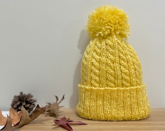 Hand knitted wool beanie hat with pom pom/winter hat/beanie for women/cable beanie/ribs beanie/yellow hat/chocolate beanie/chunky beanie