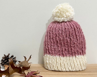 Gorro de lana tejido a mano con pompón/gorro de invierno/gorro para mujer/gorro de cable/gorro con nervaduras/gorro amarillo/gorro color chocolate/gorro grueso