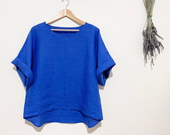 European linen/Japanese linen 3/4 sleeves top/oversized linen top/loose fit linen top/relaxed fit/round neck linen top/royal blue linen top