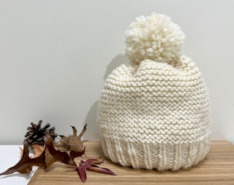 Gorro de lana tejido a mano con pompón/gorro de invierno/gorro para mujer/gorro de cable/gorro con nervaduras/gorro amarillo/gorro color chocolate/gorro grueso