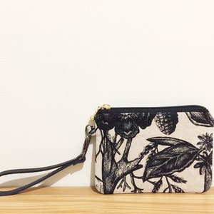 LAATSTE - Portemonnee/klein zakje met rits/leren band/zwarte portemonnee met bloemenbladprint/kleine portemonnee/zwarte canvas portemonnee