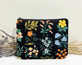 Floral print zipper pouch/cotton and steel print/cosmetic pouch/make up bag/travel pouch/fabric purse/fabric pencil case/large pencil case