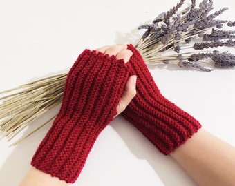 Listo para enviar / Guantes sin dedos tejidos a mano / mitones de lana tejida / guantes de lana / guantes para mujer / guantes rojos