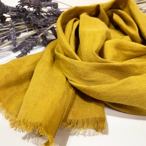 Japanese Linen Scarf/skinny linen scarf/narrow linen scarf/mustard linen scarf/yellow scarf/lightweight linen scarf/summer scarf