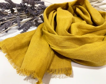 Japanese Linen Scarf/skinny linen scarf/narrow linen scarf/mustard linen scarf/yellow scarf/lightweight linen scarf/summer scarf