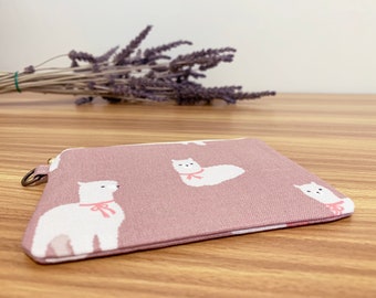 Monedero de la moneda llama alpaca con bolsa de cremallera de usos múltiples / correa de cuero / bolso de moneda rosa polvoriento / cartera de cremallera / titular de la tarjeta myki / tarjeta de crédito