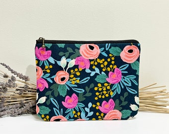 Floral print zipper pouch/cotton and steel print/cosmetic pouch/make up bag/travel pouch/fabric purse/fabric pencil case/large pencil case