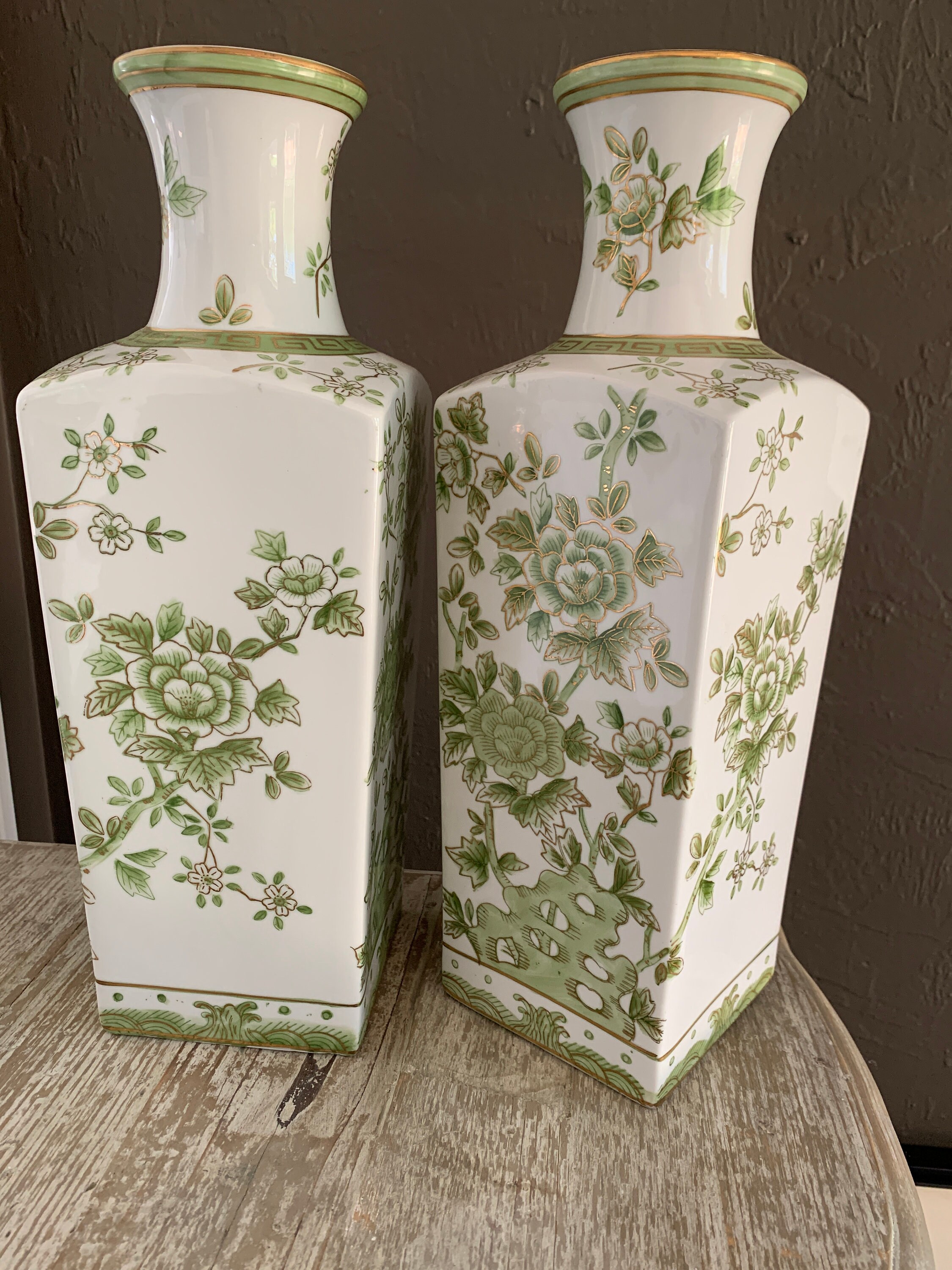 Pair of Vintage Decorative Vases Norleans Japan Green Flowers Etsy