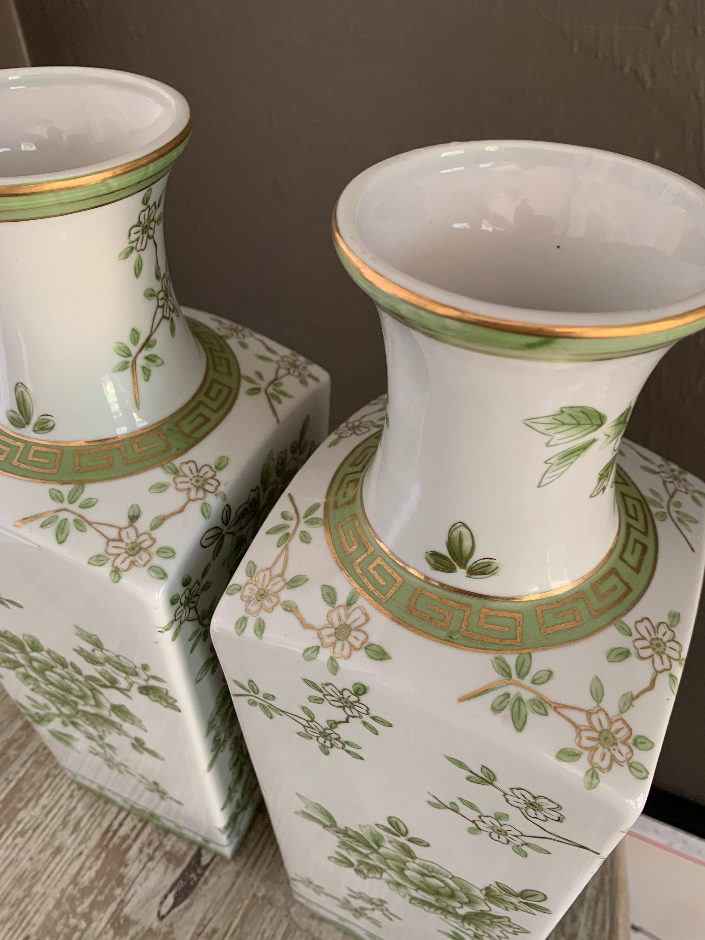 Pair of Vintage Decorative Vases Norleans Japan Green Flowers Etsy