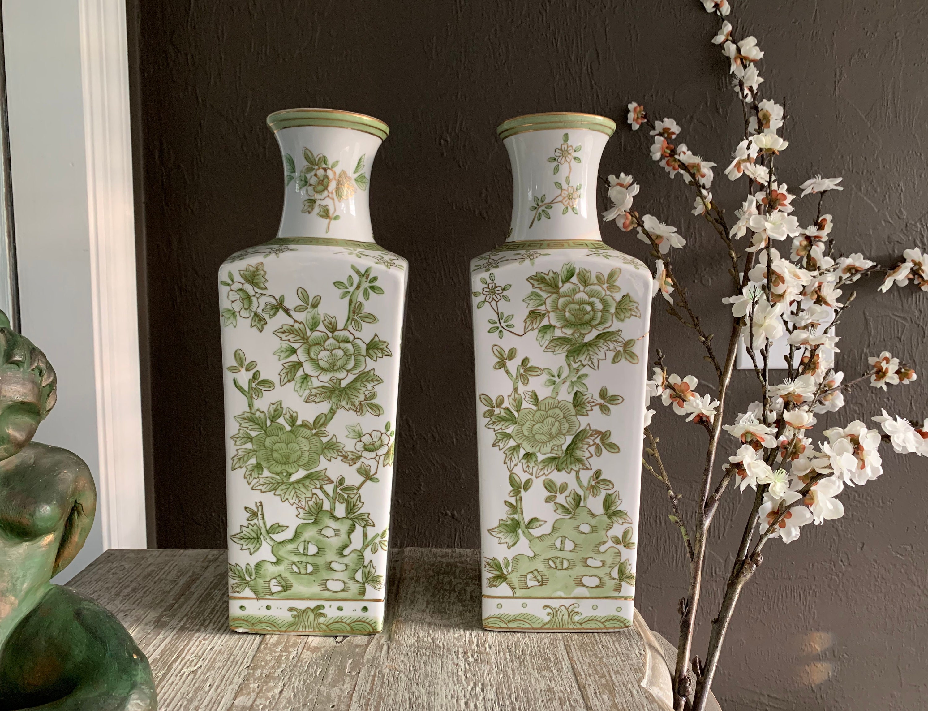 Pair of Vintage Decorative Vases Norleans Japan Green Flowers Etsy