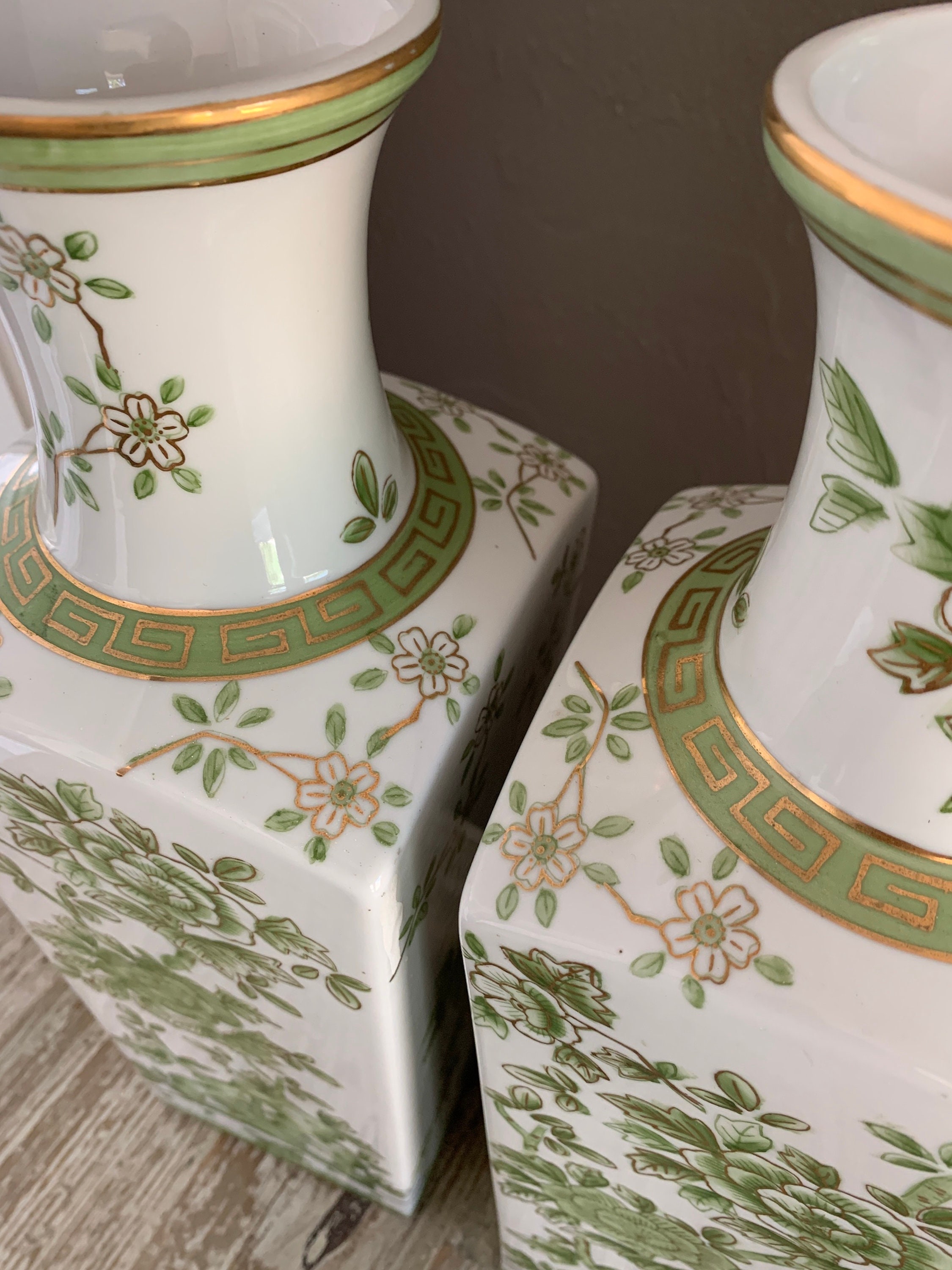 Pair of Vintage Decorative Vases Norleans Japan Green Flowers Etsy