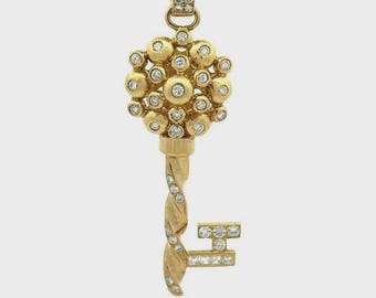 Large 18k Yellow Gold Diamond Floral Key Pendant