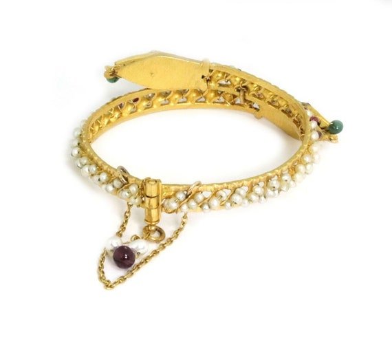 Estate Ruby Emerald Pearl 21k Gold Double Snake H… - image 3