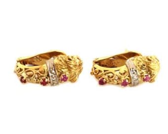 18k Lion Earrings Etruscan Byzantine Ruby Diamonds