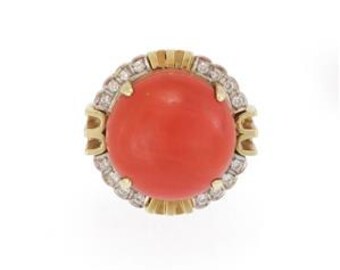 Bague cocktail vintage en or 14 carats et diamants 1 carats, grand cabochon, corail, taille 6,75