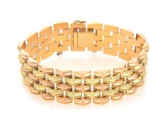 18k Yellow & Rose Bracelet 5 Row Flex Bar Link 20mm Wide Retro
