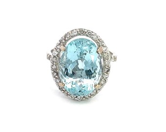 Estate 8.75ct Aquamarine Diamond Oval Halo 14k White Gold Cocktail Ring Size 7
